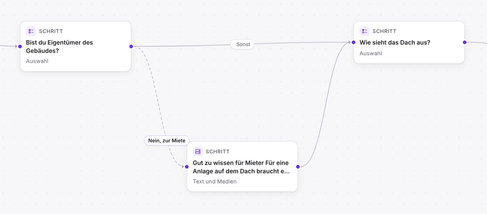 Logik-Editor mit Schritten als Karten und Wegen als Linien