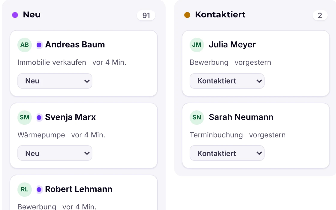Einträge als Board mit Spalten nach Lead-Status