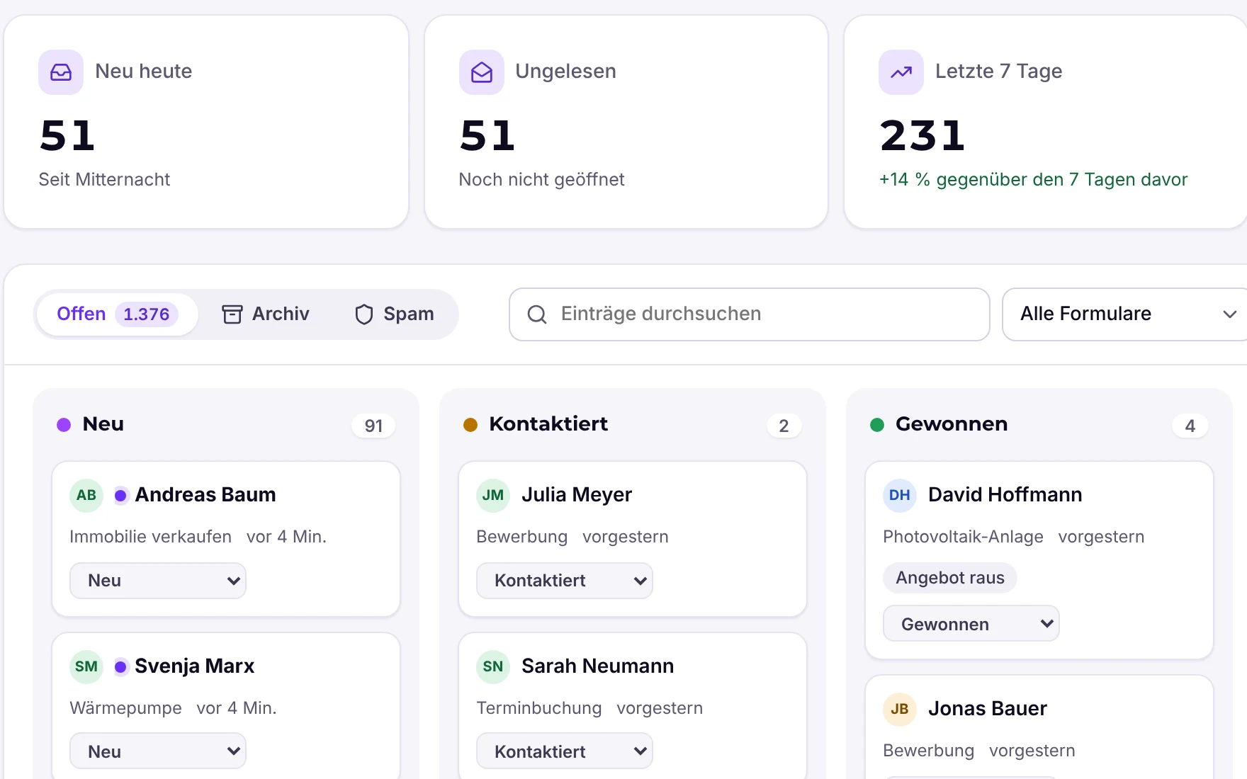 Einträge als Board mit Spalten nach Lead-Status