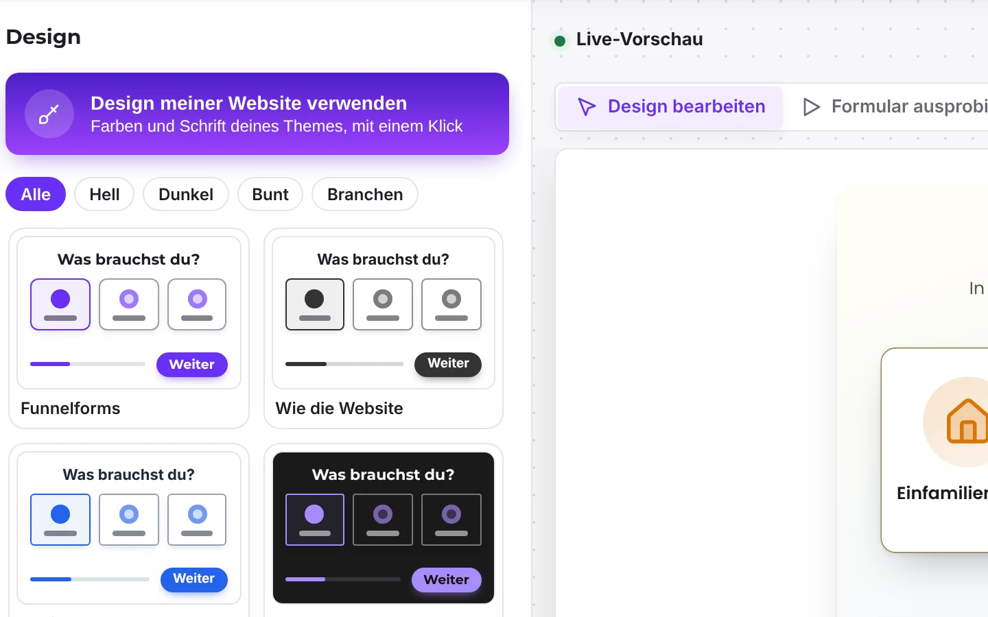 Design-Einstellungen mit Live-Vorschau des Formulars