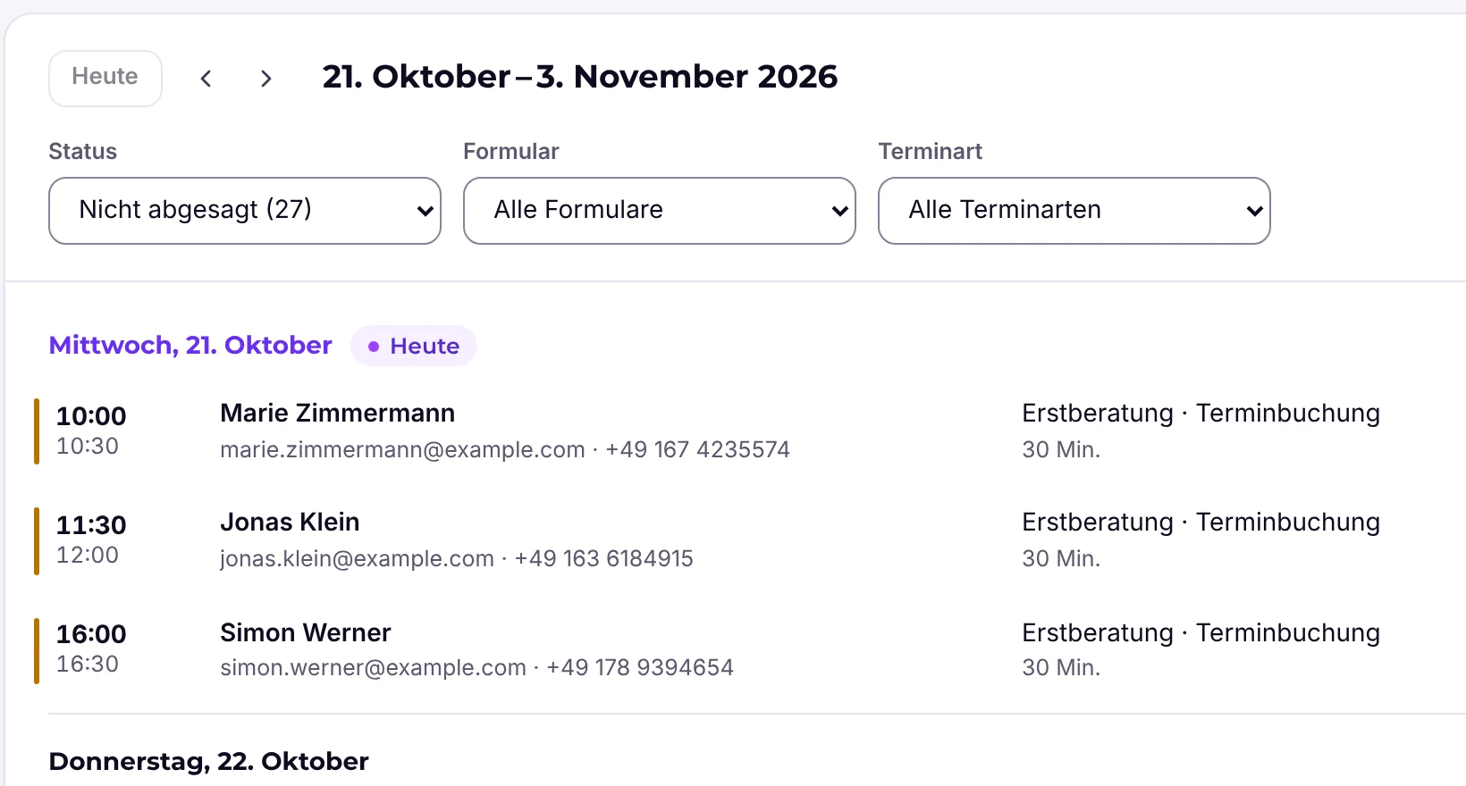 Liste der gebuchten Termine mit Status