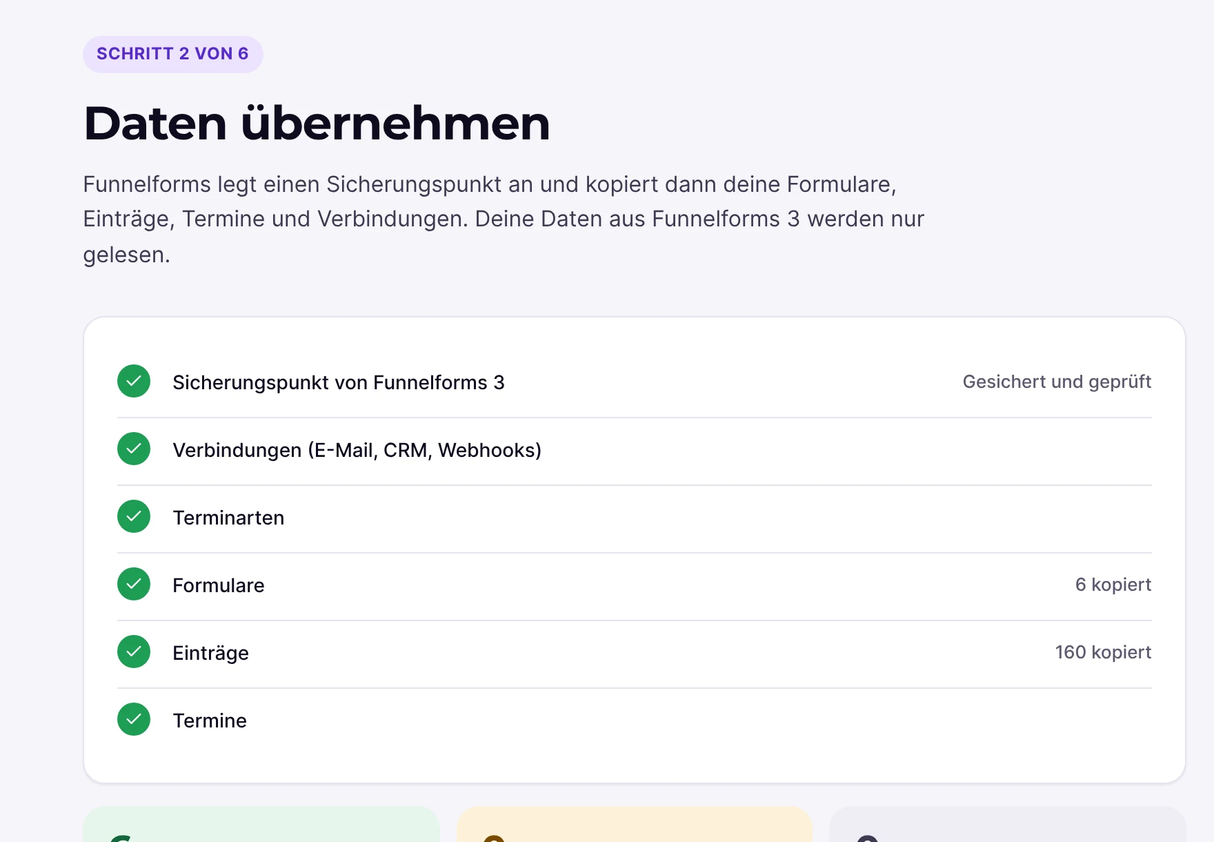 Umzug, Schritt Daten übernehmen: Sicherungspunkt, Formulare, Einträge und Termine kopiert