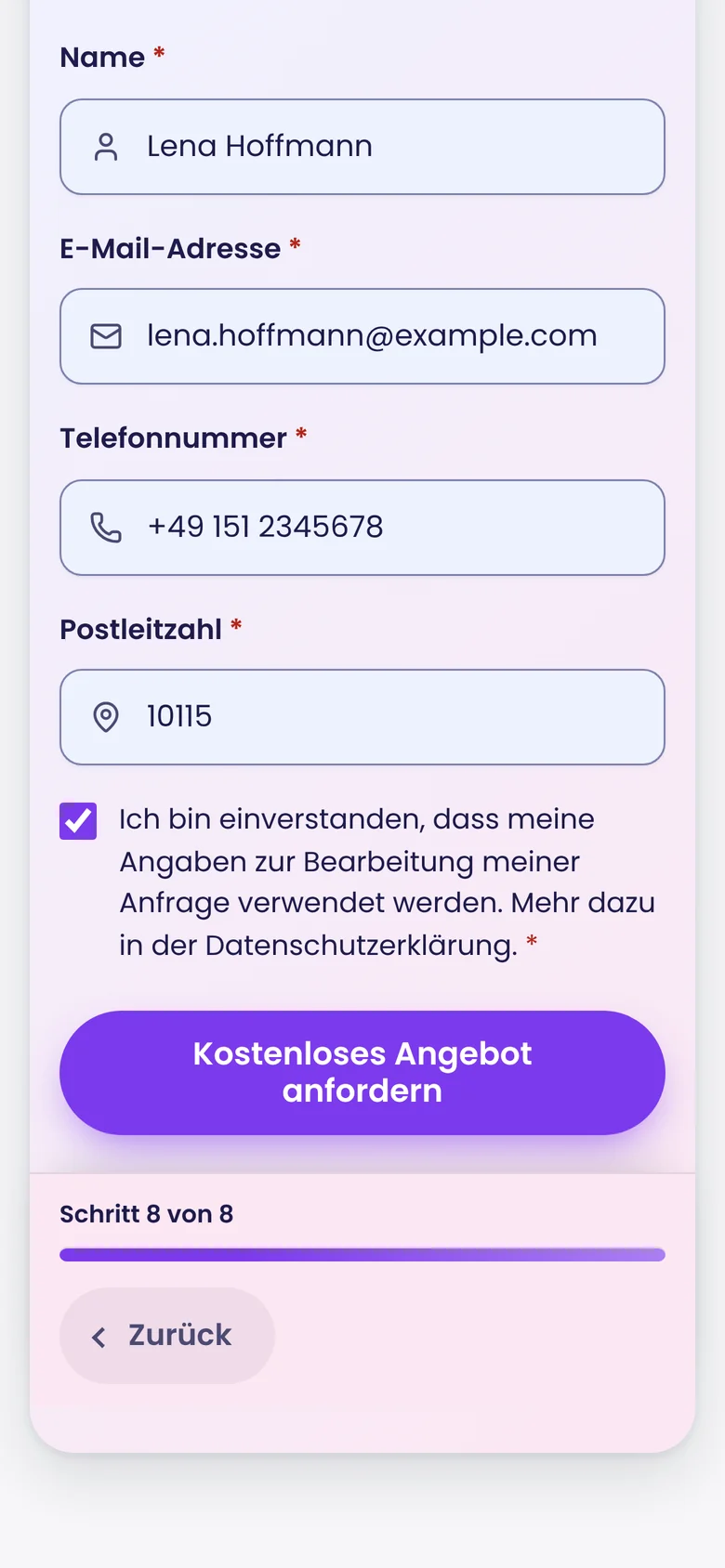 Kontaktschritt auf dem Handy mit Einwilligung und Senden-Knopf