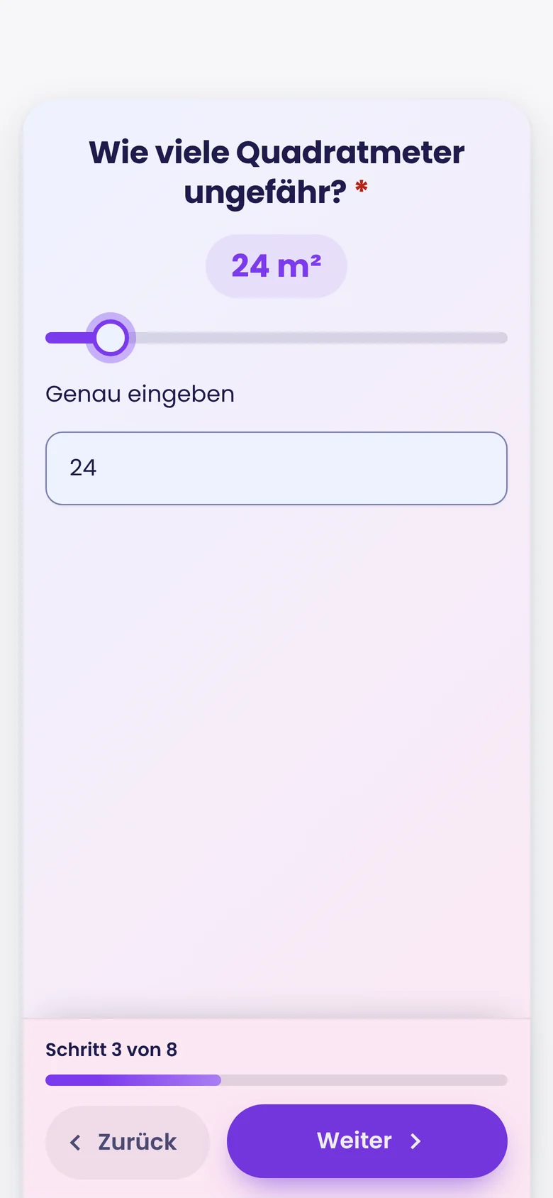 Formular auf dem Handy mit Schieberegler für die Fläche